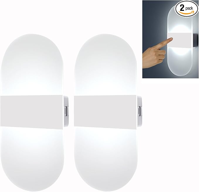 Modern Wall Sconces,2 PCS Acrylic LED Wall Lamp for Living Room Bedroom Hallway,Rechargeable USB Battery Operated,Adjustable Light,Bedside Lights,Touch Control Switch White Light(Arc-Shaped)
