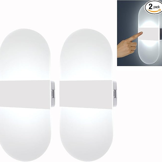 Modern Wall Sconces,2 PCS Acrylic LED Wall Lamp for Living Room Bedroom Hallway,Rechargeable USB Battery Operated,Adjustable Light,Bedside Lights,Touch Control Switch White Light(Arc-Shaped)