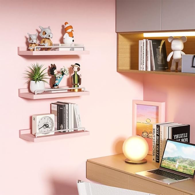 Small Floating Shelf, 6X9 Inches Farmhouse Wall Shelves for Living Room, Bedroom, Picture Frames, Plants, Kitchen, Set of 3 (Pink and White)
