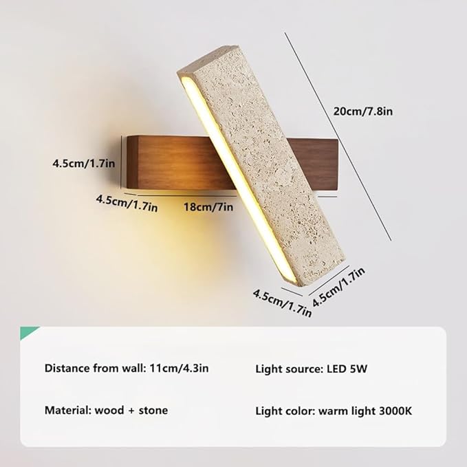 Modern LED Wall Sconce Wood Base Travertine Style Bar Light Minimalist Japandi Fixture Asymmetrical Design for Bedroom Hallway Living Room Accent(Natural)