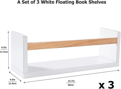 AZSKY 16 Inch Nursery Floating Shelves Set of 3, White Wood Kids Wall Bookshelves & Book Organizer Ledge for Baby Room Decor, Display Toys, Picture Frames