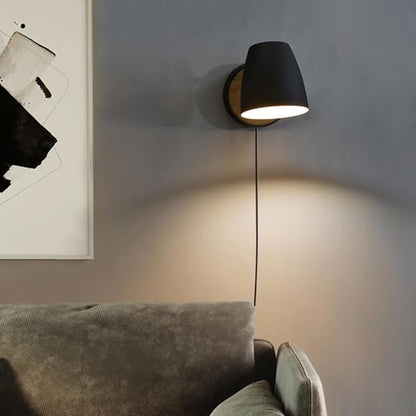 Plug in Wall Sconce Black,Bedside Wall Lamps with Switch,Modern Wood Wall Light for Bedroom with 180°Rotation Metal Shade,Indoor E26 Wall Lamp for Living Room,Dining Room,Hallway,Stairway,Wall Decor