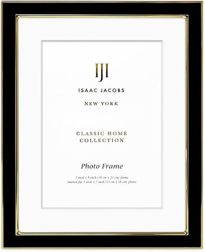 Isaac Jacobs 7x9 (Matted 5x7) Black Enamel Picture Frame with Gold Metal Edge and Easel, Tabletop Display, Wall Décor, Photo Gallery, (7x9 (Matted 5x7), Black with Gold)
