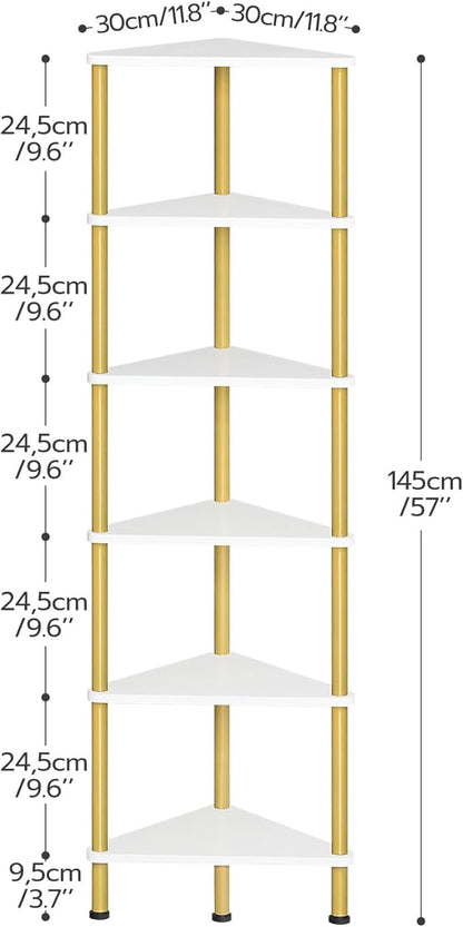 HOOBRO Corner Shelf Stand, Industrial 6-Tier Wall Corner Bookshelf with Metal Frame, Plant Display Shelf, Bookcase for Small Spaces, Living Room, White and Gold DW36CJ01