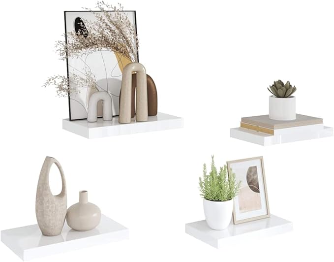 Set of 4 High Gloss White Floating Wall Shelves, Honeycomb MDF with Metal Brackets, Invisible Mounting System for Modern Home Storage and Display