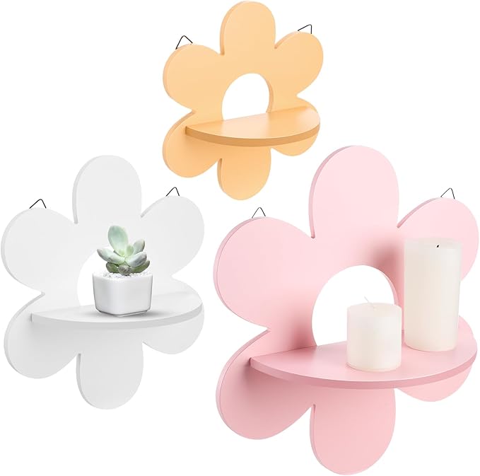Soaoo 3 Pcs Daisy Flower Floating Shelves, Wooden Boho Daisy Plant Shelf, Wall Mounted Display Stand, Hanging Display Flower Decor for Living Room Bathroom Bedroom(Pink,White,Yellow)