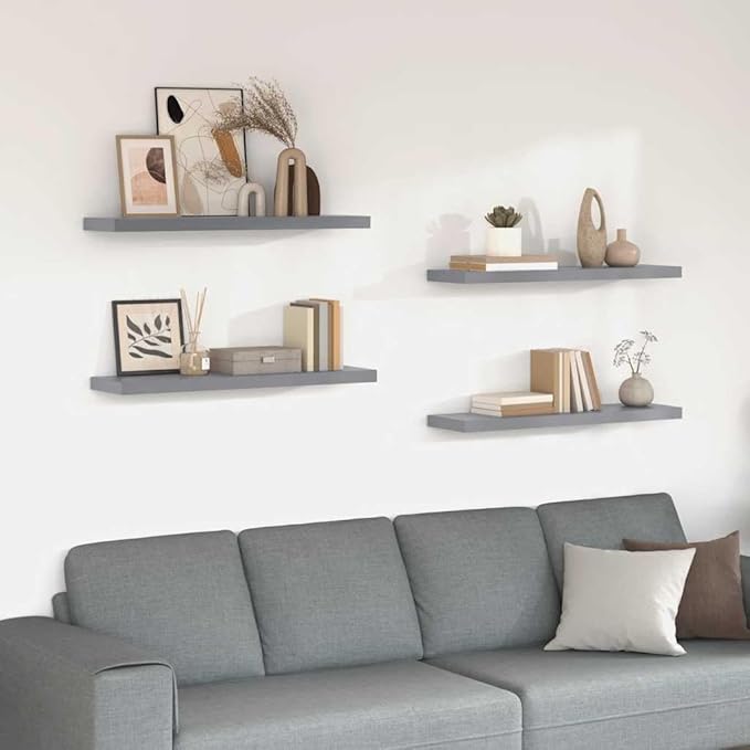 Wall Shelf Set of 4 Grey Honeycomb MDF Metal Floating Shelves 35.4x9.3x1.5 in for Home Organization and Decoration, Durable Modern Display Storage Solution