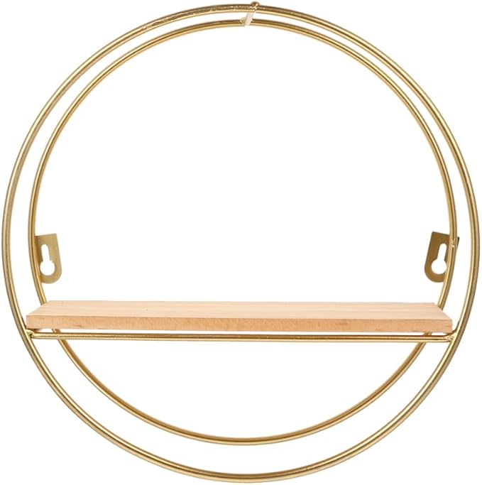 ABOOFAN Round Wall Floating Shelves, 10'' Small Gold Metal Wire Geometric Circle Organizer Wall Shelf, Space-Saving Decorative Display Floating Rack for Living Room, Office