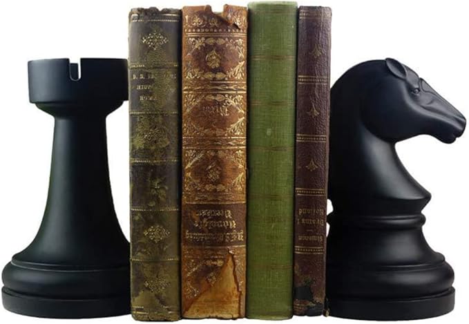 Decorative Chess Bookends for Shelves, Book Ends Decorative for Office Heavy Books, 7x7x4 inches, Black,1Pair/2Piece (Chess)