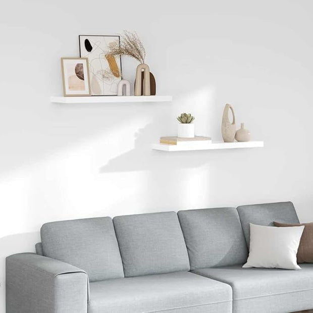Floating Wall Shelf Set of 2 High Gloss White Honeycomb MDF Metal Medium Modern Invisible Mounting System for Stylish Display and Space Saving Storage