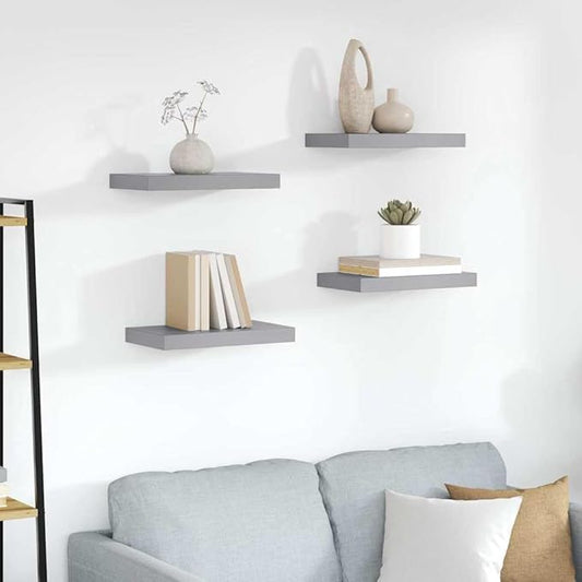 Modern Grey Honeycomb Floating Wall Shelves Set of 4, MDF and Metal Wall Mounting, Decorative Storage for Living Room Study, Easy Install Display Shelves
