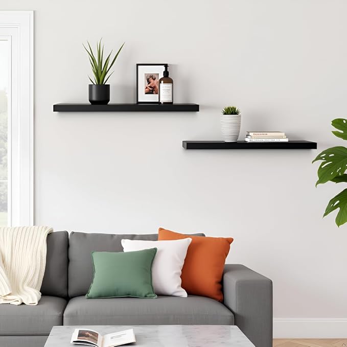 LA GRANGE RANGE® 23.6" Floating Shelves for Wall, 2X Pack, Wall Shelves for Storage & Décor, Perfect for Bathroom, Bedroom, Kitchen, Living Room, Natural Wood Finish with Hidden Bracket (Raven Black)