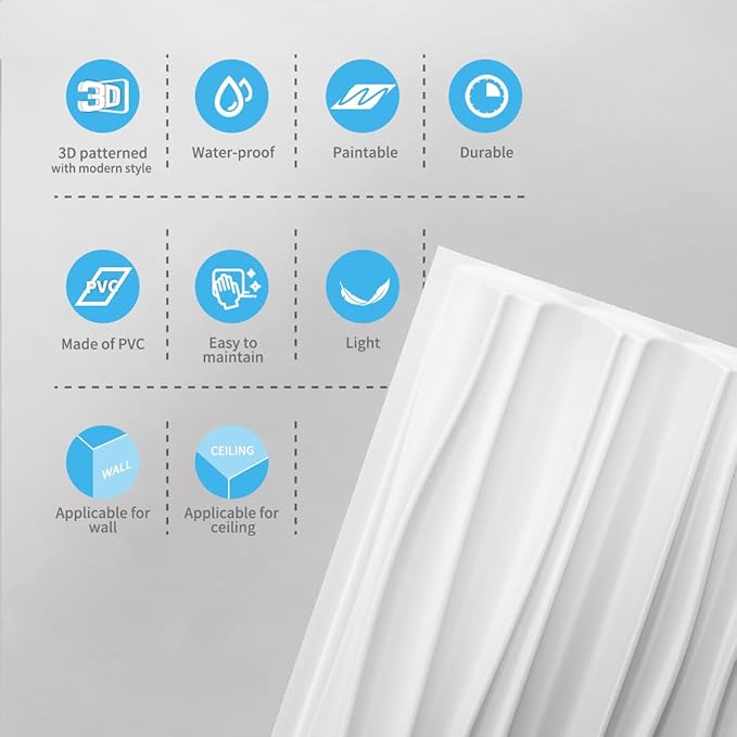 Art3d 46.2 SF White Large PVC 3D Wall Panels for Interior Wall Décor,3D Textured Wavy Wall Panels Decorative, Pack of 6 Tiles(47.2"×23.6")
