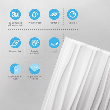 Art3d 46.2 SF White Large PVC 3D Wall Panels for Interior Wall Décor,3D Textured Wavy Wall Panels Decorative, Pack of 6 Tiles(47.2"×23.6")