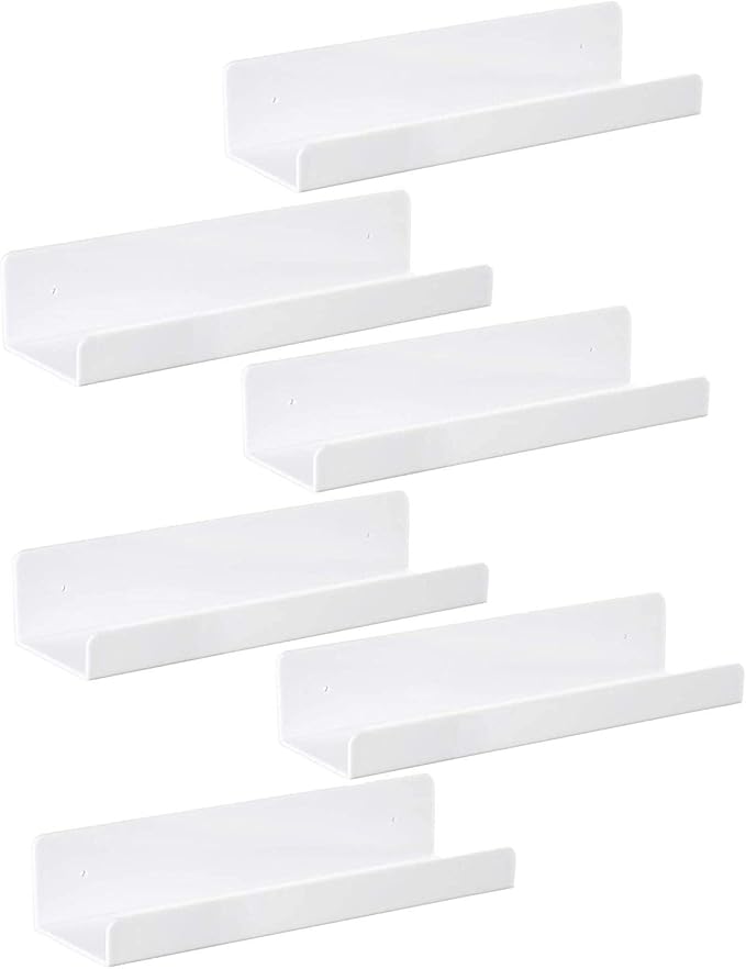 IEEK 6 PCS White Acrylic Floating Shelves Display Ledge,Wall Mounted Nursery Kids Bookshelf,15 Inch Bathroom Wall Shelf and Storage Rack,5mm Thick U Shelf