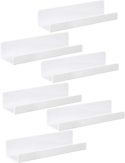 IEEK 6 PCS White Acrylic Floating Shelves Display Ledge,Wall Mounted Nursery Kids Bookshelf,15 Inch Bathroom Wall Shelf and Storage Rack,5mm Thick U Shelf