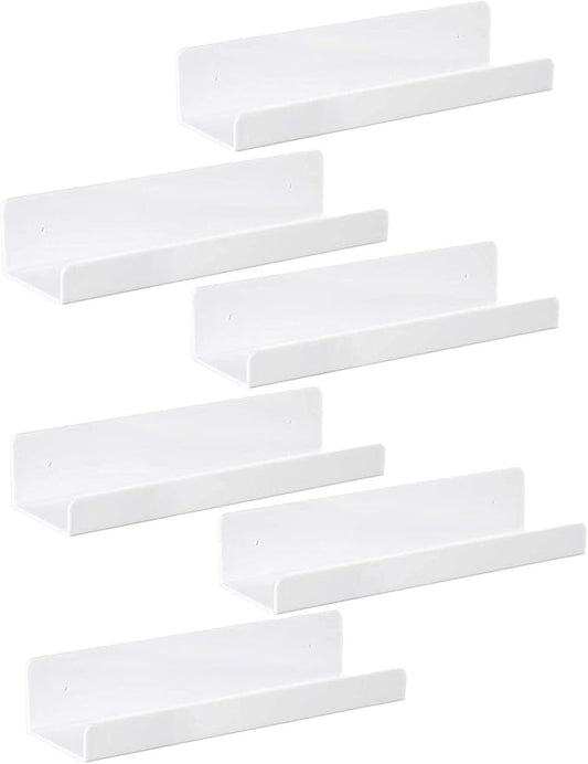 IEEK 6 PCS White Acrylic Floating Shelves Display Ledge,Wall Mounted Nursery Kids Bookshelf,15 Inch Bathroom Wall Shelf and Storage Rack,5mm Thick U Shelf