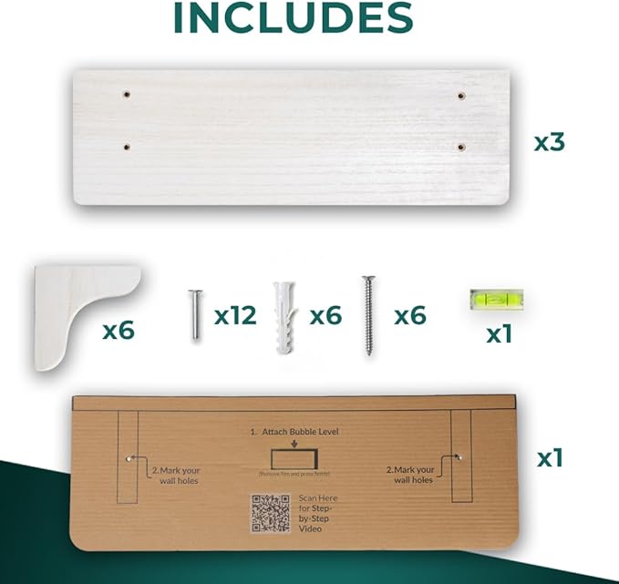 Real Wood White Shelves for Wall - 17 inch (3 Pack) - Easy to Install, Template and Video Included - White Wall Shelves, Shelves for Room, Decorative Wall Shelf