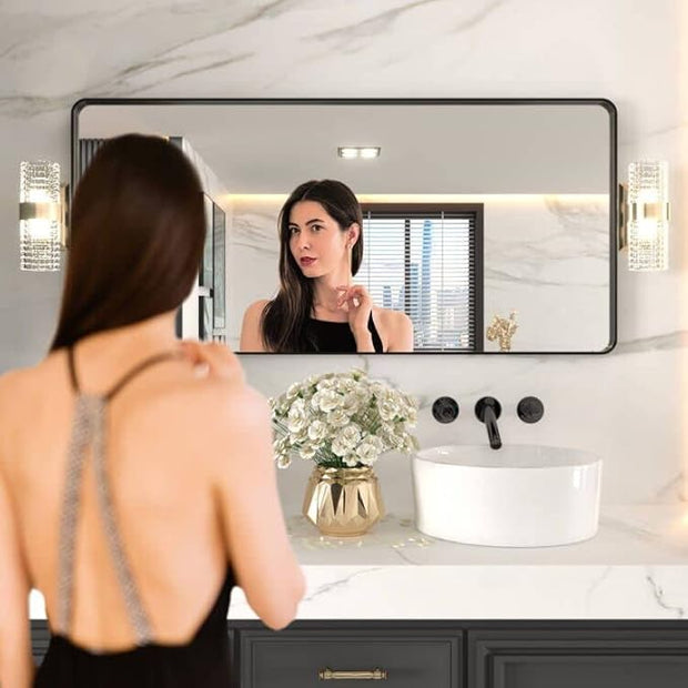 LOAAO 60X28 Inch Black Metal Framed Bathroom Mirror for Wall, Matte Black Bathroom Vanity Mirror Farmhouse, Large Rounded Rectangle Mirror, Anti-Rust, Tempered Glass, Hangs Horizontally or Vertically