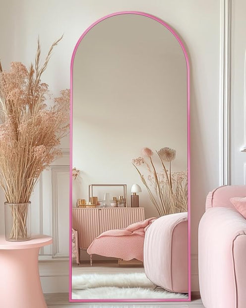Antok 58" x19” Arched Full Length Floor Mirror, Pink Aluminum Frame, Free Standing/Wall Mount/Leaning for Bedroom, Living Room, Dressing Room