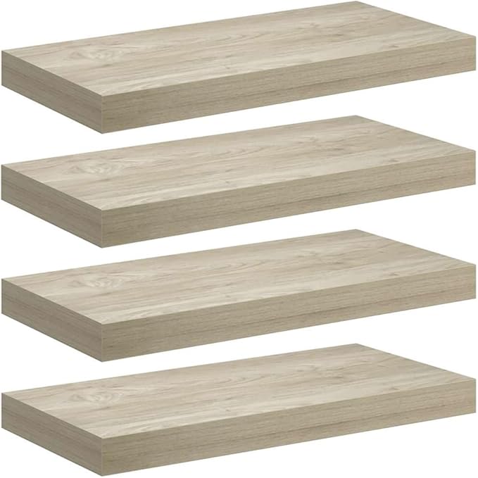 Wall Shelf Set of 4 Oak Honeycomb MDF Floating Shelves with Invisible Mounting System, Modern Metal Brackets for Living Room Bedroom Display Storage Organizer