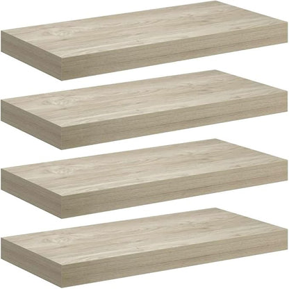Wall Shelf Set of 4 Oak Honeycomb MDF Floating Shelves with Invisible Mounting System, Modern Metal Brackets for Living Room Bedroom Display Storage Organizer