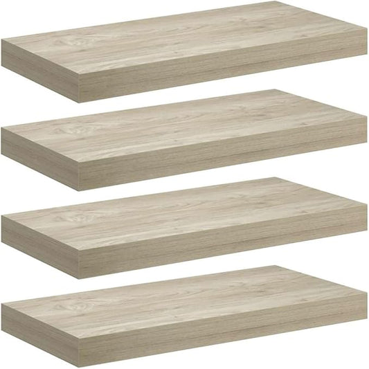 Wall Shelf Set of 4 Oak Honeycomb MDF Floating Shelves with Invisible Mounting System, Modern Metal Brackets for Living Room Bedroom Display Storage Organizer
