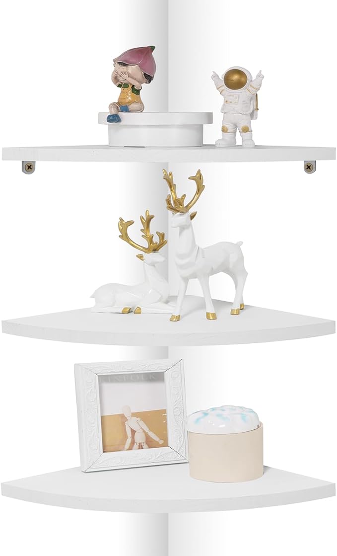 Joiishom Corner Wall Shelf Set of 3, Floating Corner Shelves for Wall, Rustic Wood Wall Storage Display Shelves for Living Room Bedroom Bathroom Kitchen (Round Edge-White)