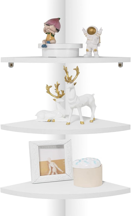 Joiishom Corner Wall Shelf Set of 3, Floating Corner Shelves for Wall, Rustic Wood Wall Storage Display Shelves for Living Room Bedroom Bathroom Kitchen (Round Edge-White)