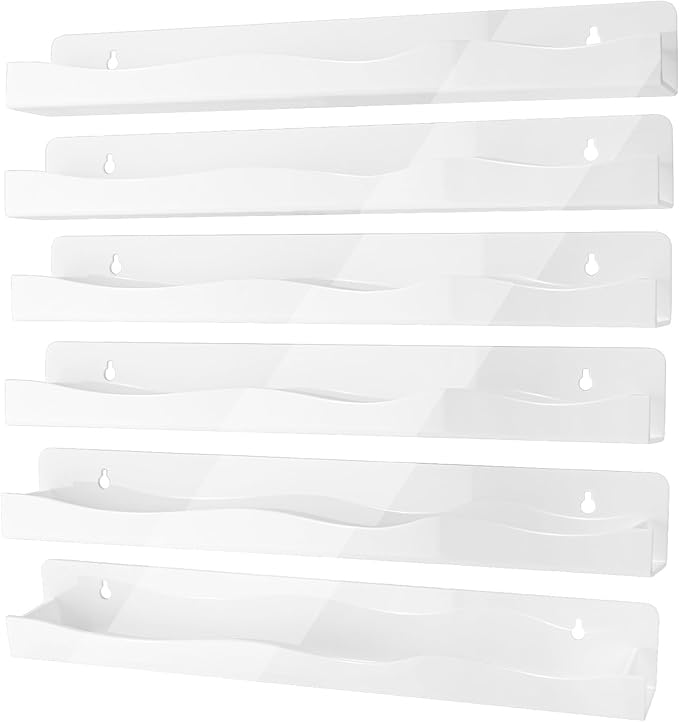6 Pack Nail Polish Wall Rack 15 Inch 6 Pack Acrylic Floating Shelves Kids Bookshelf Tattoo Ink Essential Oils Figurine Display Shelf Spice Rack for Salons Retailers Home (White)