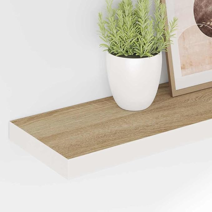 Wall Shelf Set of 4 Oak and White Honeycomb MDF Metal Floating Shelves 31.5 Inch Long Modern Display Storage for Home Office