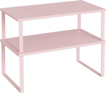 SONGMICS Cabinet Organizer Shelf, Set of 2 Kitchen Counter Shelves, Kitchen Storage, Spice Rack, Stackable, Expandable, Metal and Engineered Wood, Jelly Pink UKCS025S01