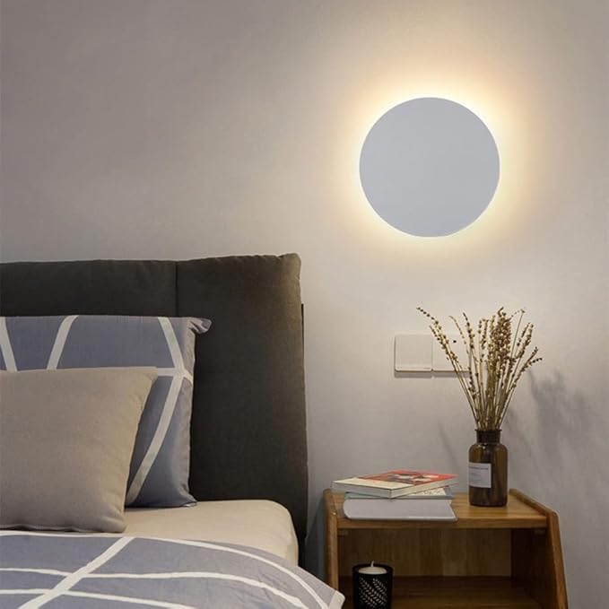 White Modern Wall Sconce Round Disc Sconces Wall Lighting Metal Circular Stairwell Lighting 3000K Warm LED Wall Lights for Living Room Bedroom Stairway - 8"