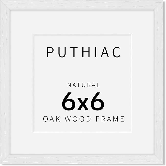 puthiac 6x6 Solid Oak Wood Picture Frame, Fits 4x4 with Mat or 6x6 Without Mat, Wall or Tabletop Display with Stand, Plexi Front, 1 Pack, White
