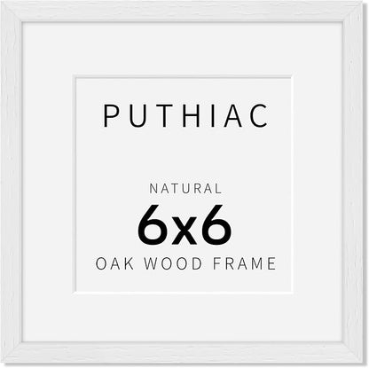 puthiac 6x6 Solid Oak Wood Picture Frame, Fits 4x4 with Mat or 6x6 Without Mat, Wall or Tabletop Display with Stand, Plexi Front, 1 Pack, White