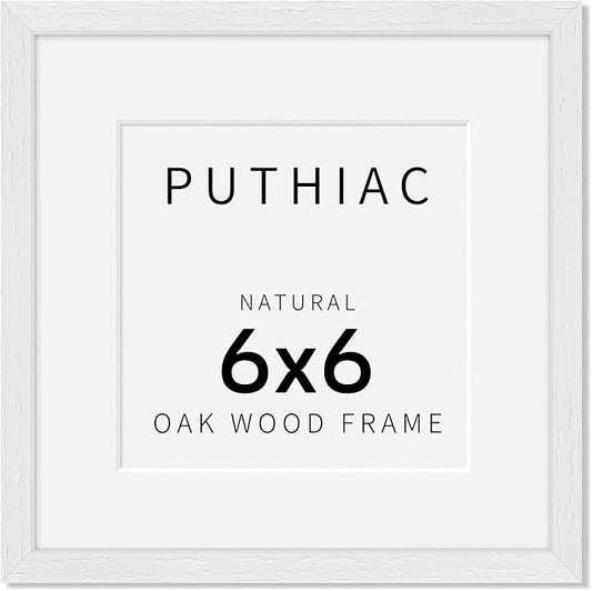 puthiac 6x6 Solid Oak Wood Picture Frame, Fits 4x4 with Mat or 6x6 Without Mat, Wall or Tabletop Display with Stand, Plexi Front, 1 Pack, White