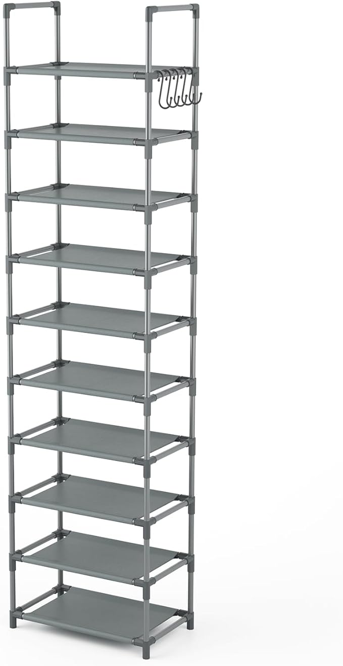 10 Tiers Tall Shoe Rack 20-25 Pairs Boots Organizer Storage Sturdy Narrow Shoe Shelf for Entryway, Closets with Hooks, Grey