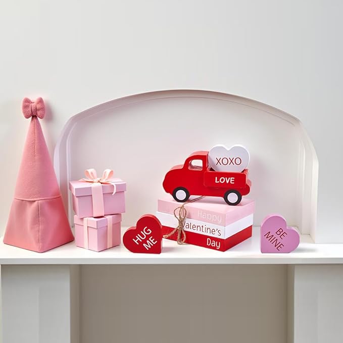 AKEROCK Valentines Day Decorations, Valentines Day Decor - Wooden Valentine Sign & Red Truck & 3 Heart Decor for Table, Tiered Tray, Office Desk, Mantel, Valentine Decorations for Home