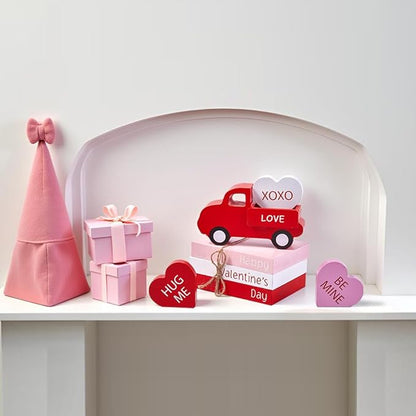 AKEROCK Valentines Day Decorations, Valentines Day Decor - Wooden Valentine Sign & Red Truck & 3 Heart Decor for Table, Tiered Tray, Office Desk, Mantel, Valentine Decorations for Home