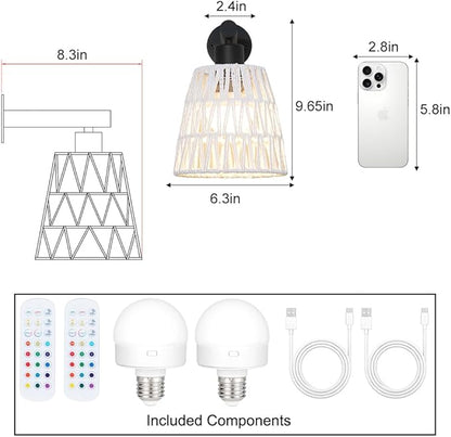 Boho Battery Operated Wall Sconce Set of 2, White Rattan Rechargeable Wall Lights with Dimmable Bulbs and Remote,15 Colors Wireless Wall Lamps for Bedroom Living Room Hallway Decor