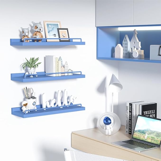 Blue Floating Shelves, Room Decor Shelves,Pink Kawaii Room Decor Wall Shelves for Living Room, Bedroom, Picture Frames, Plants, Kitchen, Set of 3 (Blue)