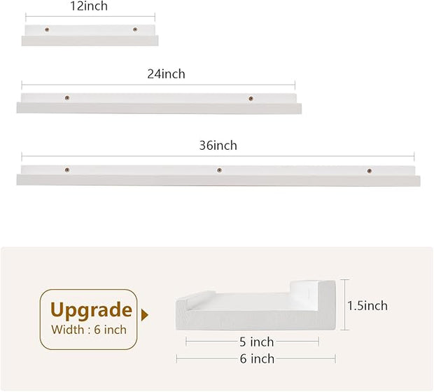 Oak Floating Shelves White for Wall 24 Inch (Upgrade Width 6"), Natural Wood Wall Shelves Display Picture Ledge Shelf for Living Room Bedroom Bathroom Kitchen Office Decor and Storage
