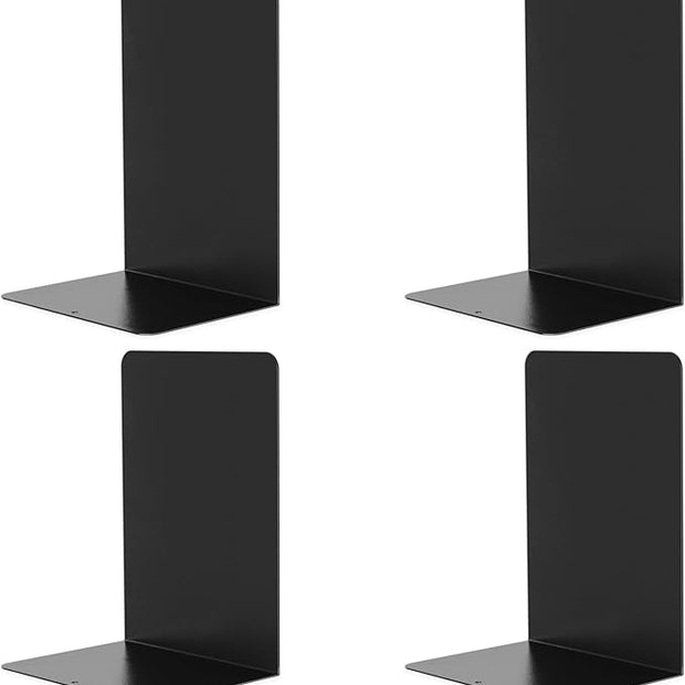 VONDERSO Metal Bookends Black, 2 Pairs Decorative Metal Book End Supports for Shelves Gauge Book Divider Stopper Holders with Non-Slip Anti-Scratch Rubber Pads