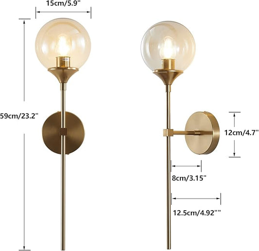 BOKT Mid Century Modern Gold Long Pole Wall Sconce Lighting Minimalist Amber Glass Globe Wall Sconce Light Vintage Bathroom Bar Wall Lamp Light Fixture (Amber)