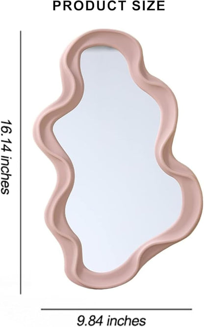 Mokoze Asymmetrical Wall-Mounted Mirror, Creative Unique Decorative Mirrors, Funky Wavy Mirror 16.14"x9.84" Irregular Border Pink Mirror for Bathroom Living Room Decoration