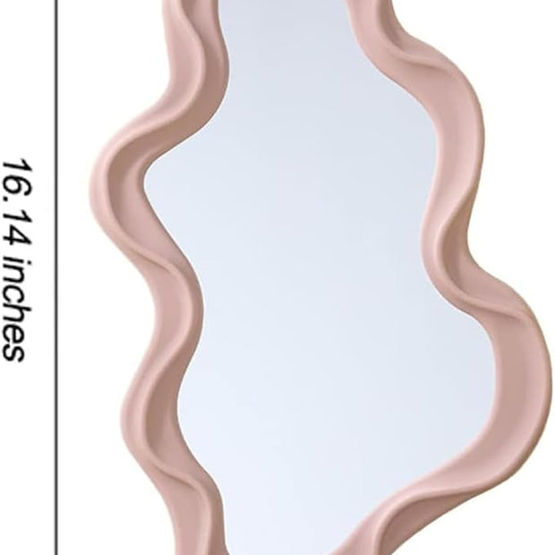 Mokoze Asymmetrical Wall-Mounted Mirror, Creative Unique Decorative Mirrors, Funky Wavy Mirror 16.14"x9.84" Irregular Border Pink Mirror for Bathroom Living Room Decoration