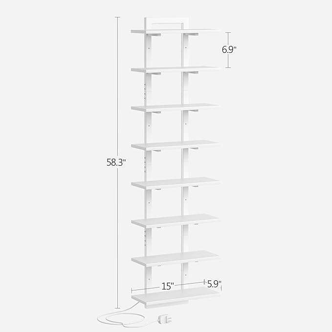 8 Tier Wall Shelf Unit with LED Light, White Floating Shelf, Vertical Display Shelf, Wall Decor for Bedroom, Living Room, Vanity, 15" W x 5.9" D x 58.3" H