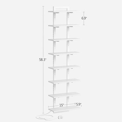 8 Tier Wall Shelf Unit with LED Light, White Floating Shelf, Vertical Display Shelf, Wall Decor for Bedroom, Living Room, Vanity, 15" W x 5.9" D x 58.3" H