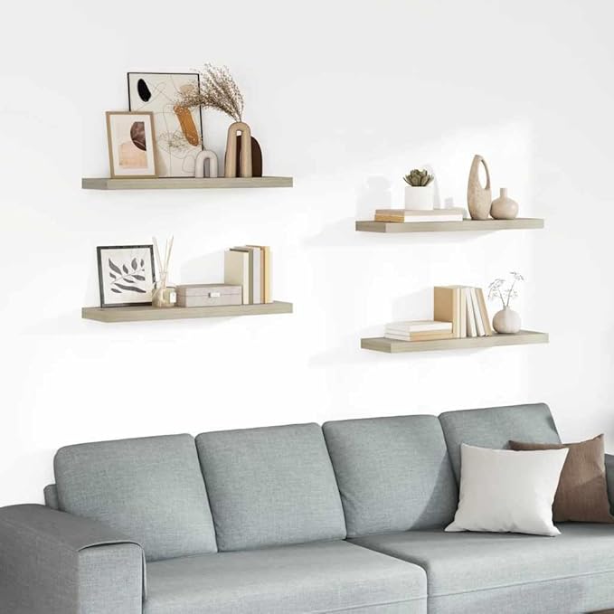 Set of 4 Oak Floating Wall Shelves, Honeycomb MDF with Metal Brackets, Modern Minimalist Design for Home Decor and Storage, 31.5x9.3 Inches, 22 lbs Capacity Each, Warm Oak