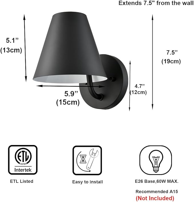 DIRYZON Industrial Wall Sconces Set of Two,Metal Barn Wall Lights for Bedroom,Black Sconce Lighting for Living Room Kitchen Hallway